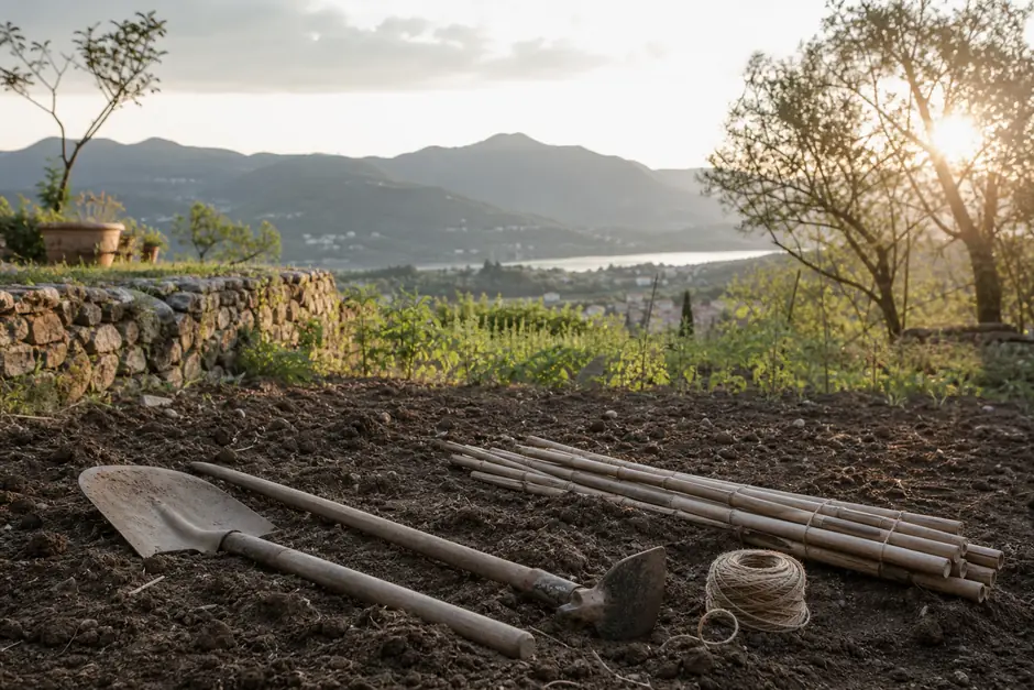 Attrezzi agricoli appoggiati su terra arata all'alba, con un campo e le prealpi sullo sfondo (immagine generata con AI)