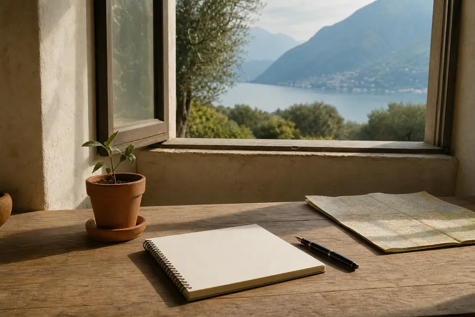 Scrivania accanto a una finestra con quaderno bianco, penna stilografica e vasetto di terracotta con una piantina (immagine generata con AI)