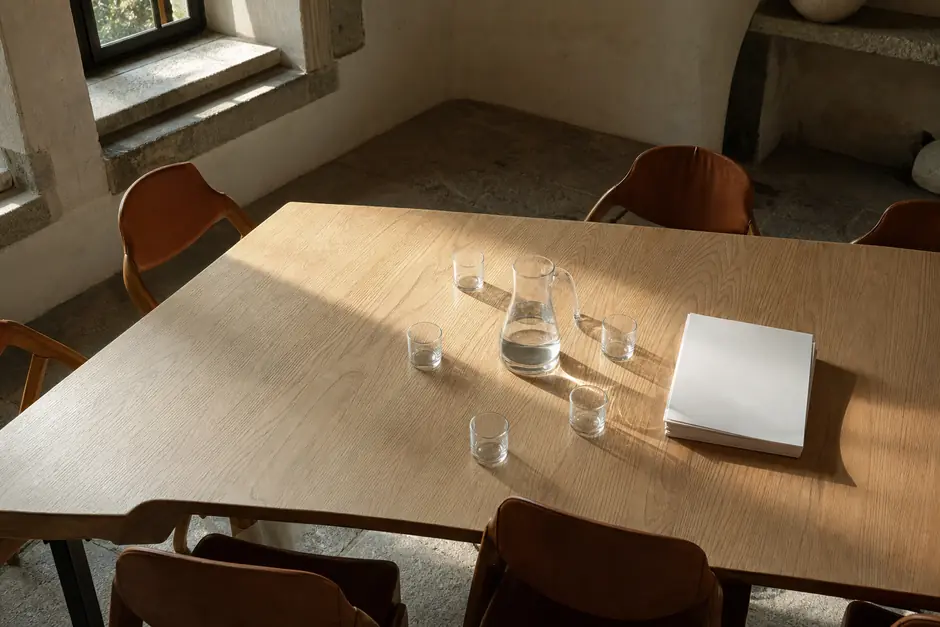 Tavolo da riunione visto dall'alto con una caraffa d'acqua, sei bicchieri vuoti e fogli bianchi (immagine generata con AI)