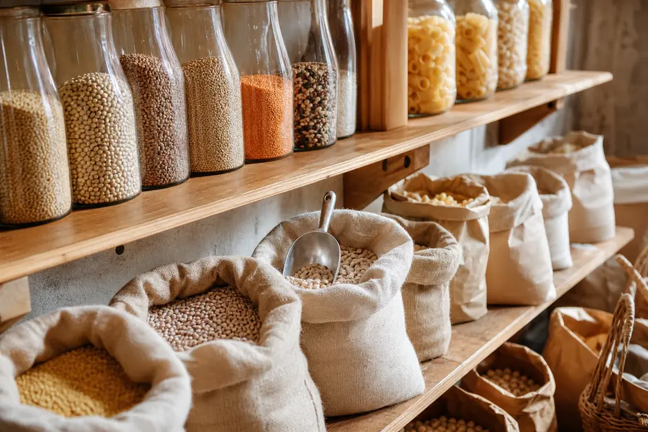 Sacchi aperti e contenitori di vetro con cereali, legumi e pasta su scaffali di legno, un misurino di metallo e sacchetti di carta (immagine generata con AI)