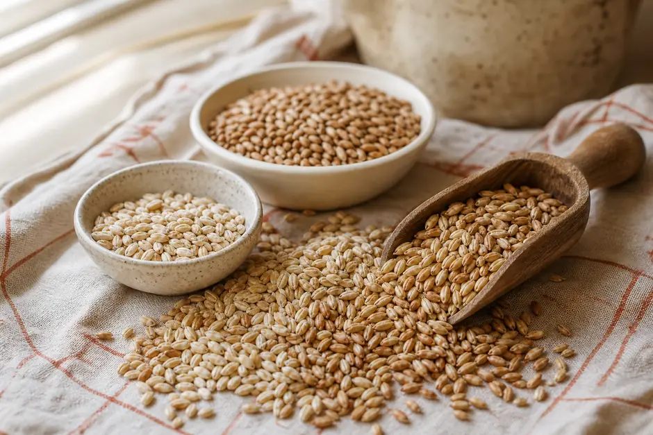 Grani di orzo e farro versati su un telo di lino accanto a un misurino di legno e due piccole ciotole (immagine generata con AI)