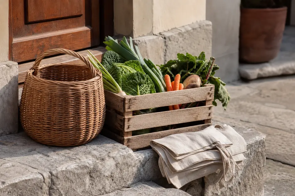 Cassetta di verdure invernali e borse di lino su una soglia di pietra, cesto di vimini accanto (immagine generata con AI)