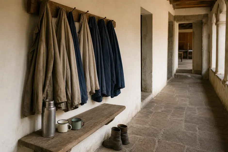 Camici da lavoro appesi a ganci di legno in un corridoio, thermos e tazze smaltate su una mensola (immagine generata con AI)