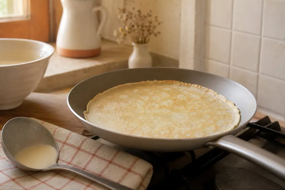 Crepe sottile che cuoce in una padella bassa, i bordi appena sollevati, mestolo di pastella appoggiato accanto (immagine generata con AI)