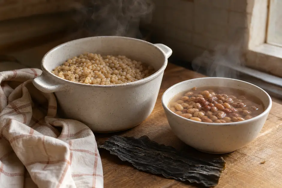 Pentola di cereali cotti accanto a una ciotola di legumi in ammollo e a una striscia di alga secca (immagine generata con AI)