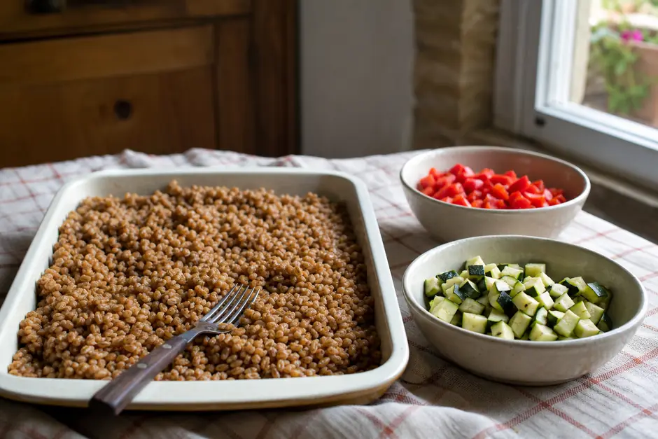 Farro cotto steso su un vassoio a raffreddare, una forchetta appoggiata, ciotole di zucchine e peperoni a dadini accanto (immagine generata con AI)