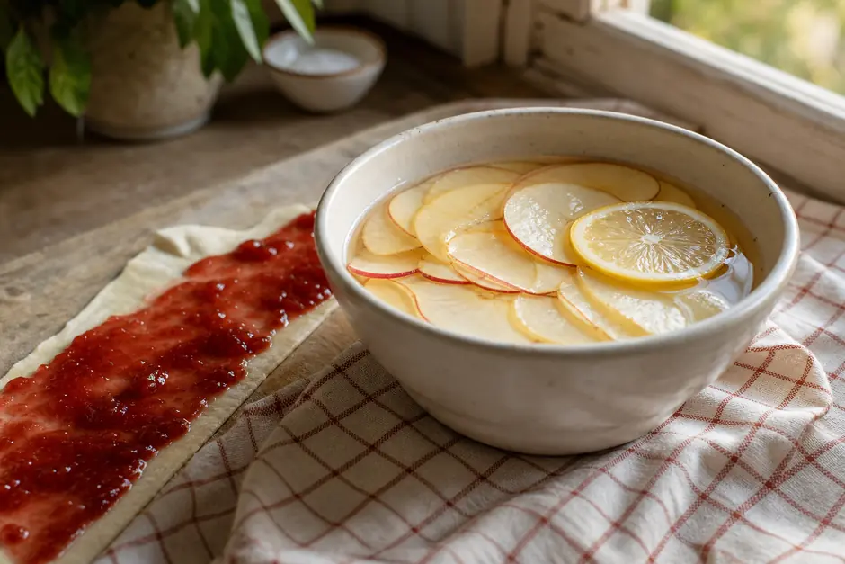 Fettine di mela molto sottili che si ammorbidiscono in acqua e limone, striscia di pasta spalmata di marmellata accanto (immagine generata con AI)