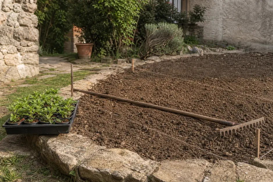 Aiuola in preparazione: rastrello appoggiato sul terreno sciolto, fili tesi, vassoio di piantine a bordo (immagine generata con AI)