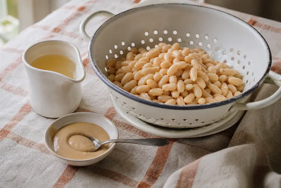Fagioli bianchi cotti in uno scolapasta con una caraffa della loro acqua di cottura e un cucchiaio di pasta di sesamo (immagine generata con AI)