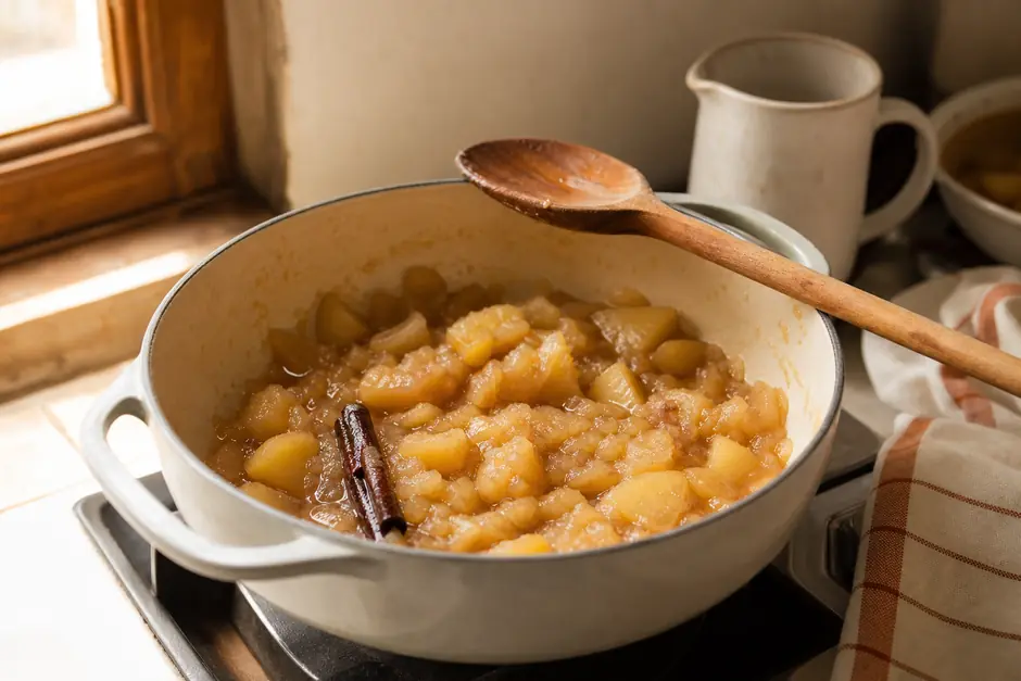 Pezzi di mela che si disfano in una padella coperta con una stecca di cannella, cucchiaio di legno sul bordo (immagine generata con AI)