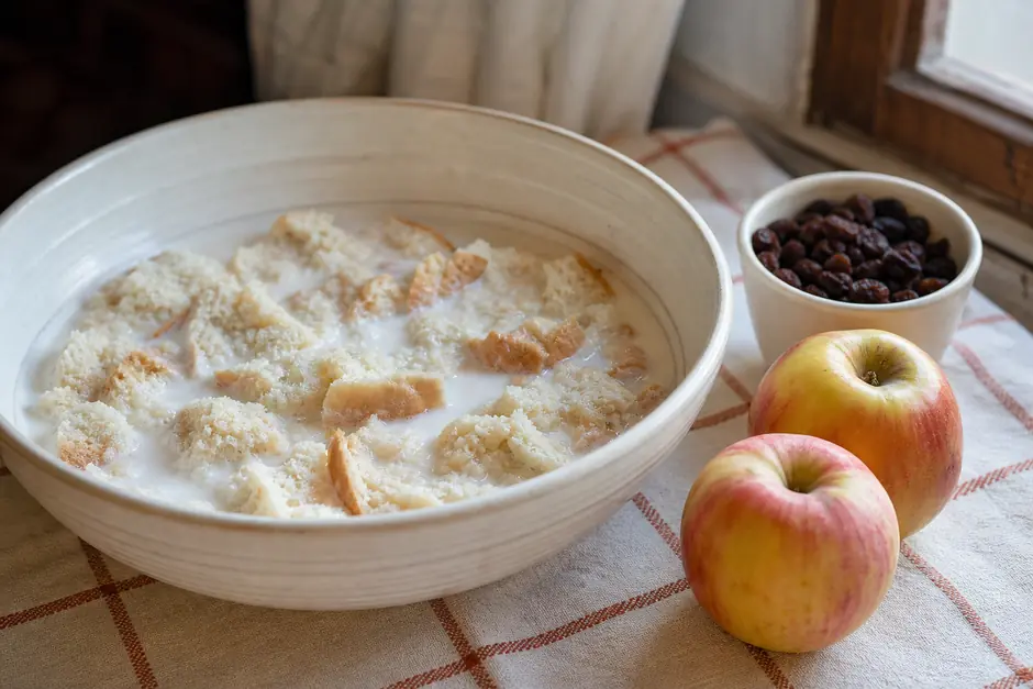 Pezzi di pane raffermo in ammollo nel latte in una ciotola grande, uvetta in una tazza e due mele accanto (immagine generata con AI)