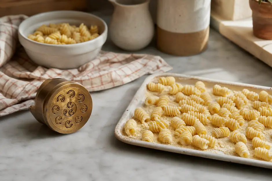 Trafila di bronzo e vassoio di pasta appena estrusa spolverata di semola su un banco di marmo (immagine generata con AI)