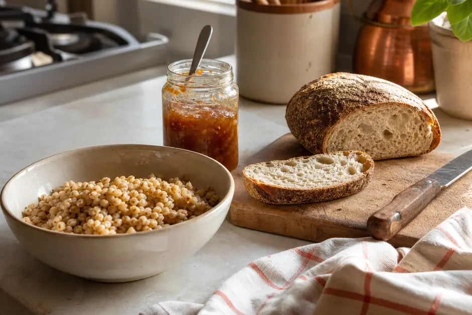 Piano di cucina con avanzi che diventano un altro pasto: ciotola di cereali, mezza pagnotta, un vasetto di conserva (immagine generata con AI)