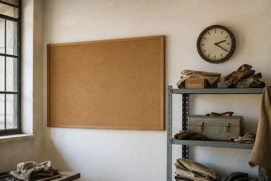 Angolo bacheca di un laboratorio agricolo: sughero vuoto, un orologio, mensola con guanti e cassetta di primo soccorso (immagine generata con AI)