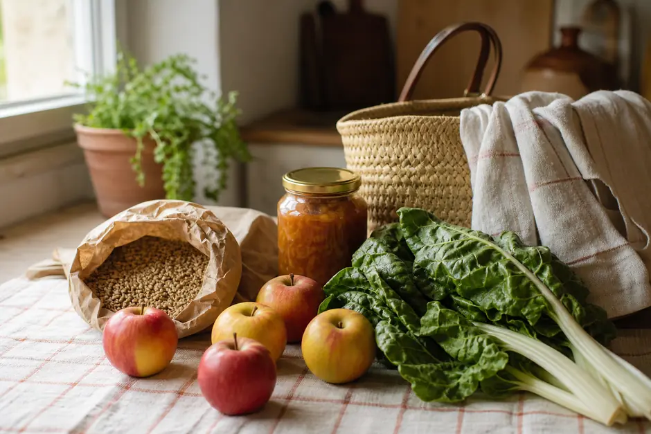 Cesto del mercato svuotato sul tavolo di cucina: mele, un mazzo di bietole, un vasetto di conserva, un sacchetto di cereali (immagine generata con AI)