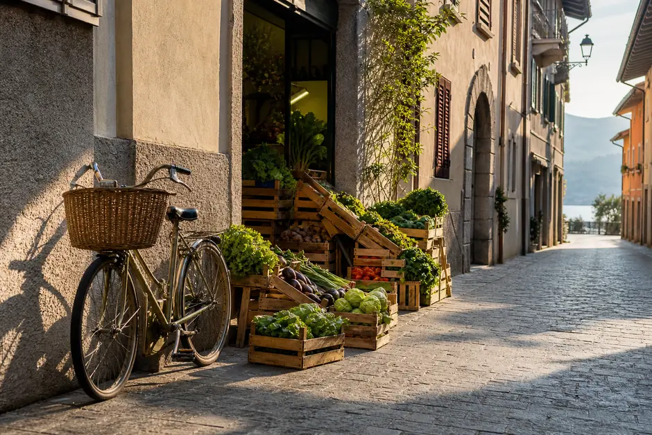 Strada cittadina all'ora di apertura con cassette di verdura davanti a un negozio e una bicicletta appoggiata (immagine generata con AI)