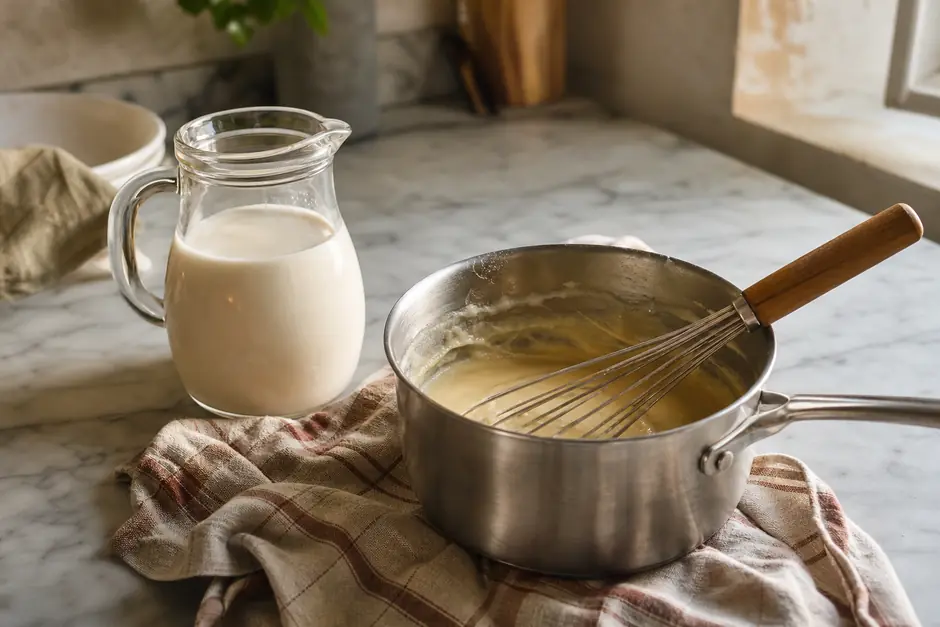 Piccola casseruola con un roux chiaro che viene mescolato con la frusta, caraffa di latte vegetale accanto (immagine generata con AI)
