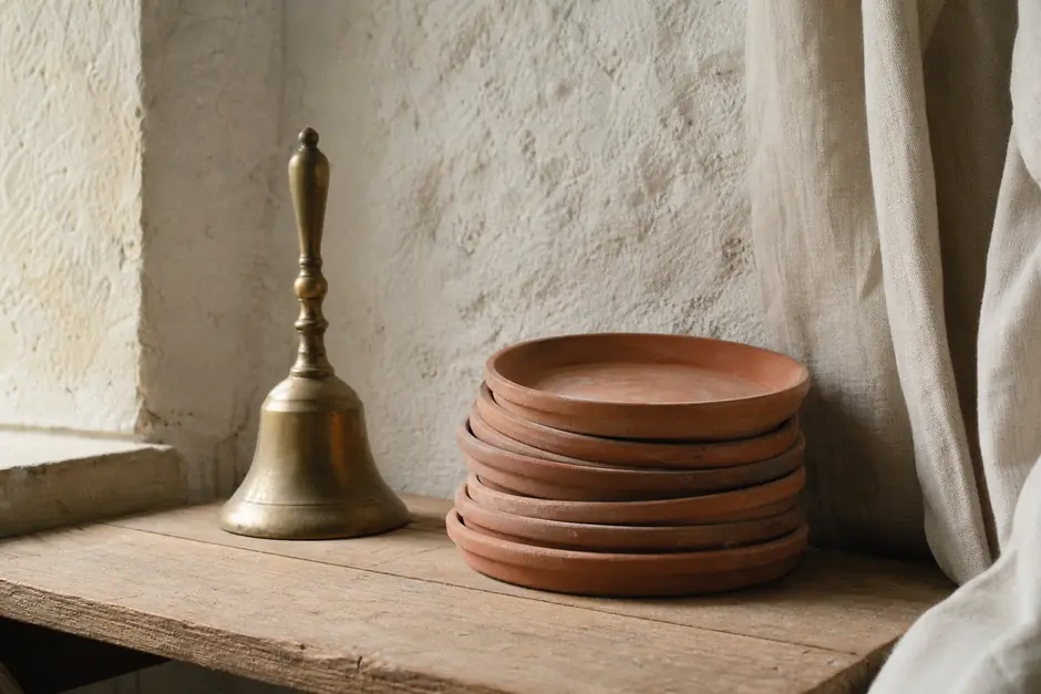 Campanello di ottone e sottovasi di terracotta impilati su una mensola di legno contro un muro a calce (immagine generata con AI)