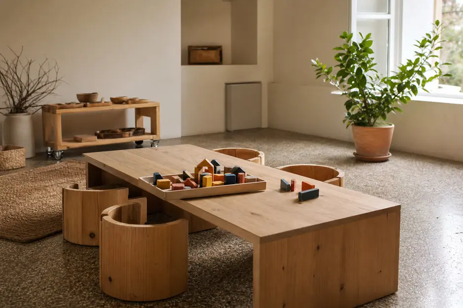Stanza per attività con tavolo basso, sedie piccole, vassoio di blocchi di legno colorati e una pianta (immagine generata con AI)