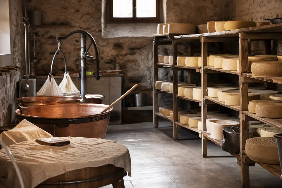 Interno di un piccolo caseificio di montagna con vasche di rame e forme in stagionatura su scaffali di legno (immagine generata con AI)