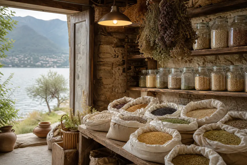 Interno di una piccola bottega di prodotti biologici con sacchi di cereali aperti e barattoli di vetro sugli scaffali (immagine generata con AI)
