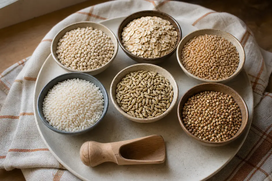 Sei ciotole basse con cereali in chicco diversi su un telo di lino, con un misurino di legno (immagine generata con AI)