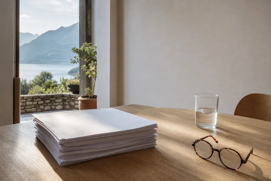 Documenti di carta impilati e un paio di occhiali da lettura su un tavolo di rovere chiaro (immagine generata con AI)