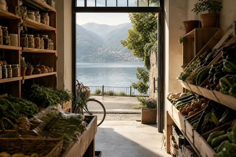 Piccola bottega alimentare urbana vista dall'interno all'apertura, con casse di verdura e una bicicletta accanto alla porta (immagine generata con AI)