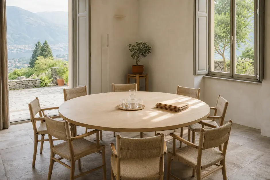 Tavolo rotondo di legno chiaro con otto sedie in una sala riunioni luminosa (immagine generata con AI)