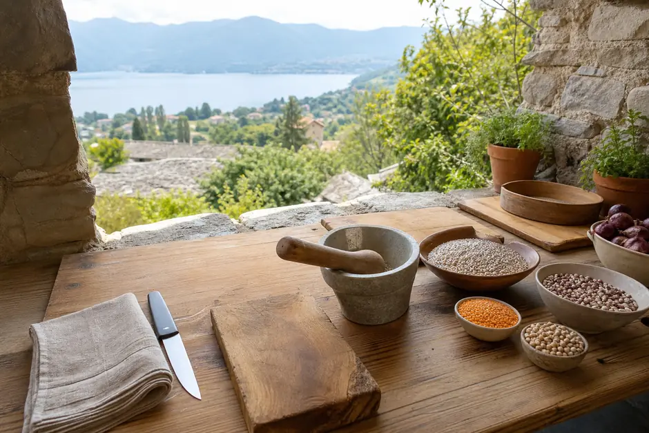 Banco di lavoro visto dall'alto con taglieri di legno, mortaio e ciotole di cereali e legumi (immagine generata con AI)