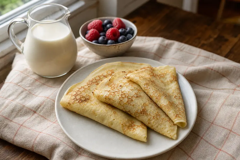 Crepes piegate su un piatto di ceramica bianca con erbe fresche accanto (immagine generata con AI)