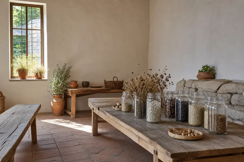 Aula semplice in una cascina con panche di legno e barattoli di semi su un tavolo basso (immagine generata con AI)