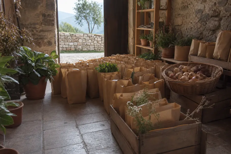 Sacchetti di carta e casse di legno allineati su un pavimento di piastrelle, pronti per il ritiro (immagine generata con AI)