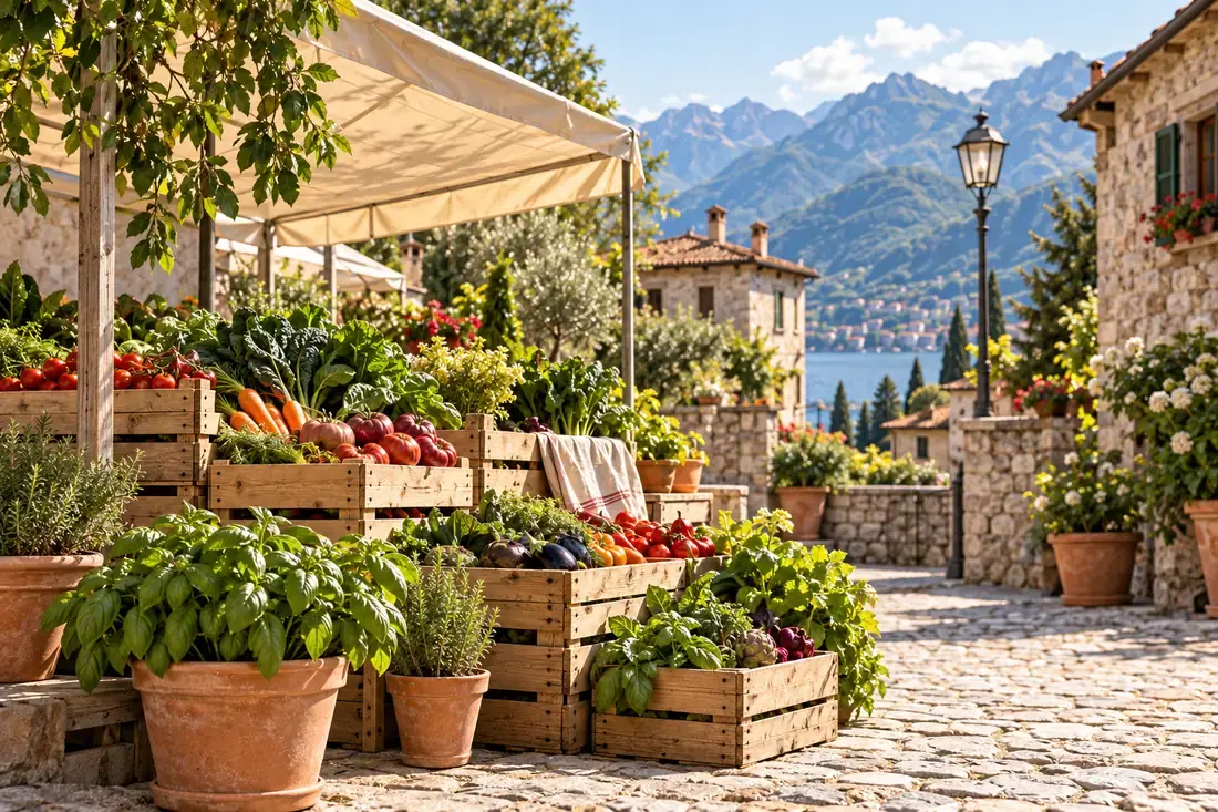 Banco di verdura e vasi di basilico sotto una tenda, in un cortile di pietra lombardo (immagine generata con AI).