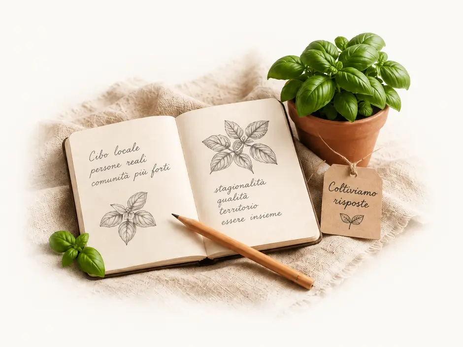 Quaderno aperto con appunti a mano sul cibo locale e sulla stagionalità, accanto a una piantina di basilico in vaso di terracotta (immagine generata con AI).