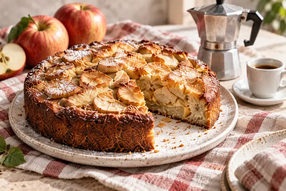 Torta di mele affettata su un piatto di ceramica, con mele fresche e una moka accanto (immagine generata con AI).