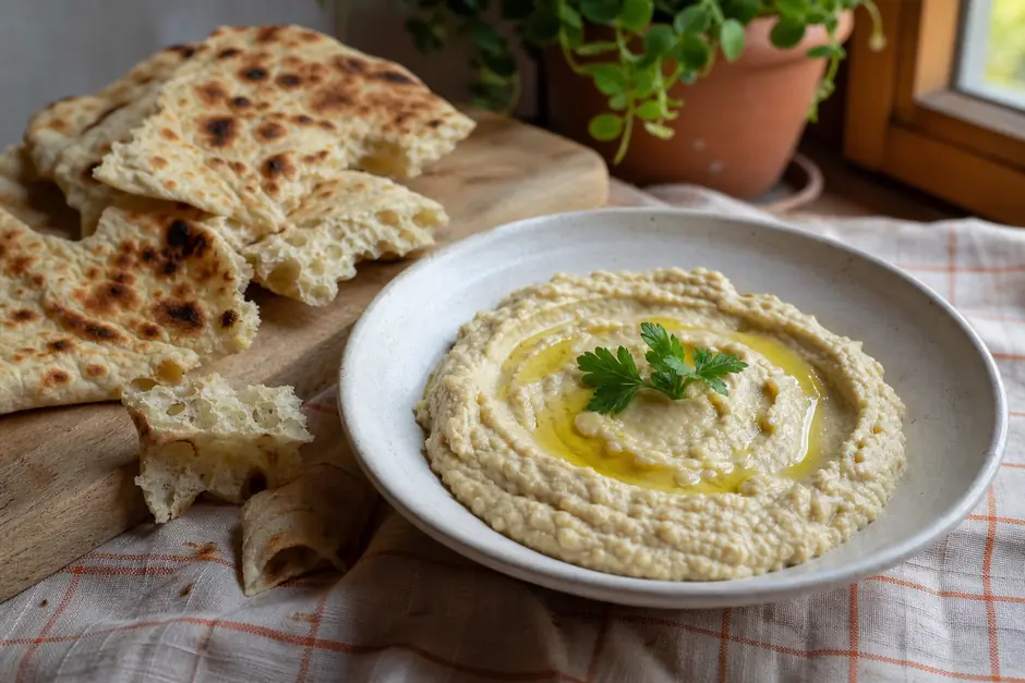 Ciotola bassa di crema chiara di legumi con un filo di olio e prezzemolo, pane accanto (immagine generata con AI)