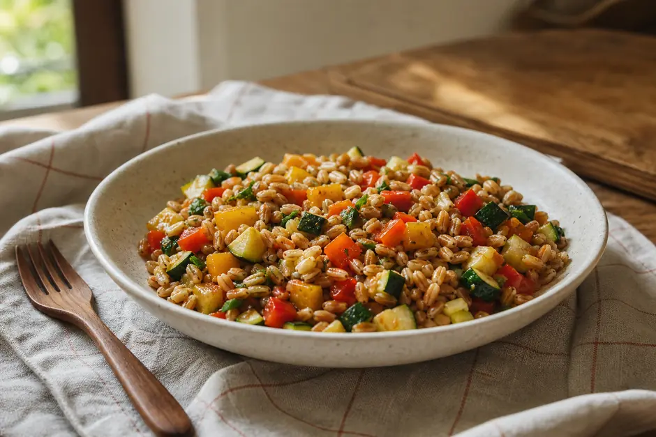 Ciotola larga di insalata di farro con zucchine, peperoni ed erbe fresche (immagine generata con AI)