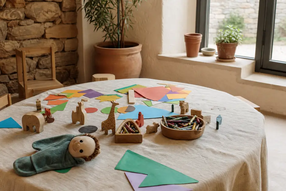 Tavolo di un laboratorio per bambini con forme di carta colorata, blocchi di legno e pastelli sparsi (immagine generata con AI)