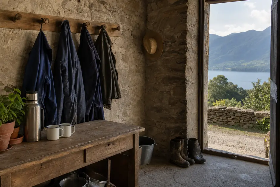 Officina agricola ordinata con camici da lavoro appesi a ganci di legno e due tazze smaltate su un banco (immagine generata con AI)