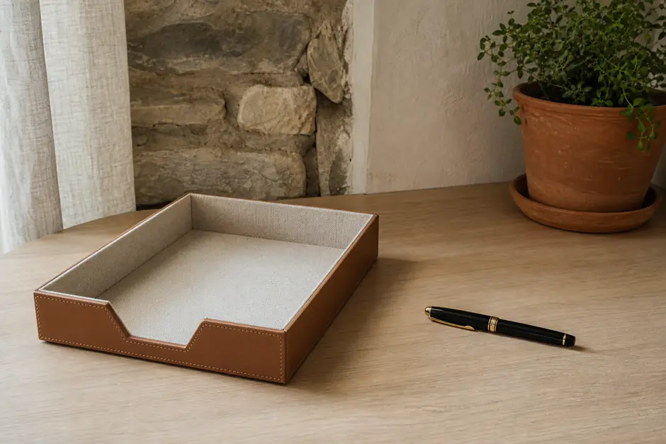 Vaschetta portadocumenti vuota e una penna su un tavolo di legno chiaro, muro in pietra e vaso di terracotta sullo sfondo (immagine generata con AI)