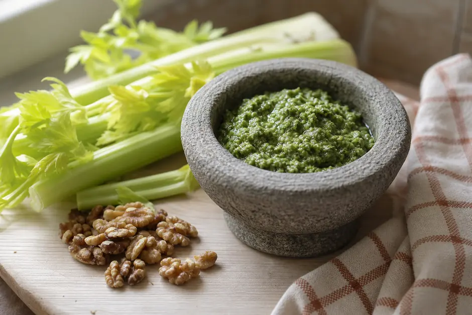 Mortaio di pietra con pesto verde di sedano, coste con foglie e noci accanto (immagine generata con AI)