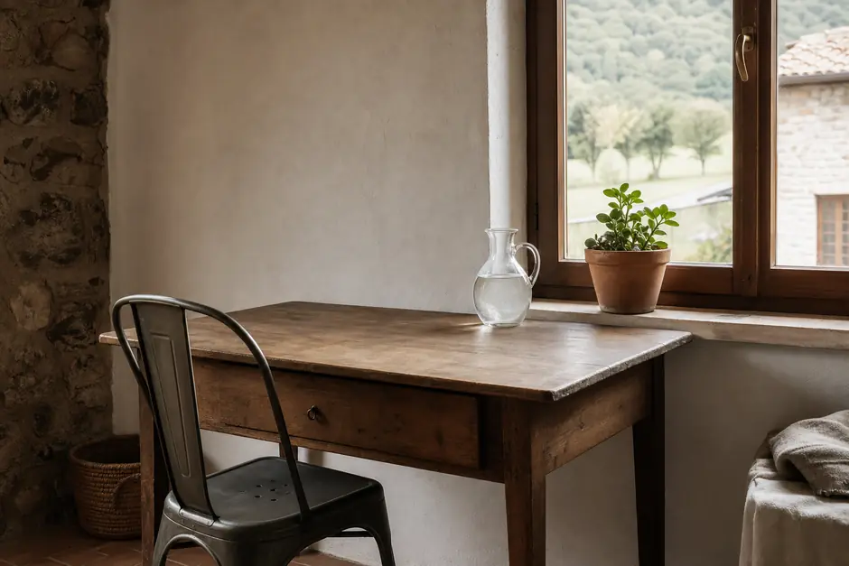 Angolo ufficio di una cascina: scrivania di legno, sedia di metallo e una pianta accanto alla finestra (immagine generata con AI)