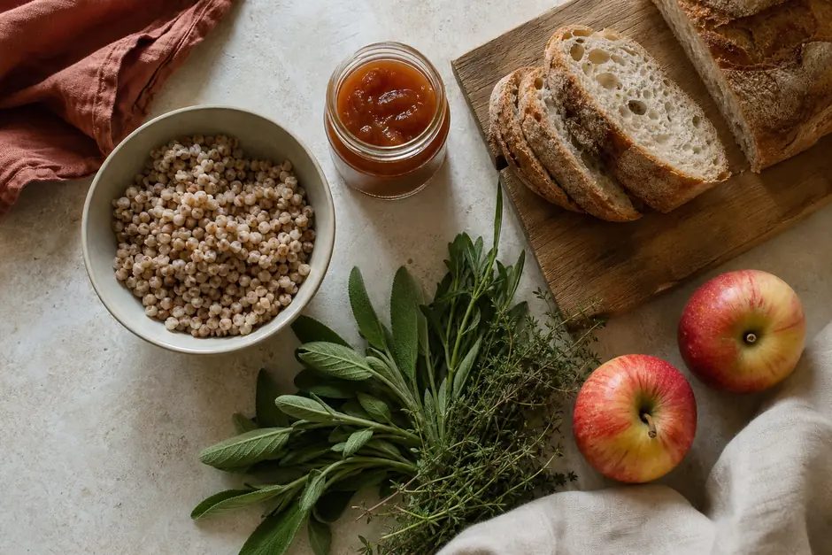 Tavolo di cucina con preparazioni di stagione: cereali cotti, una conserva, pane affettato ed erbe (immagine generata con AI)