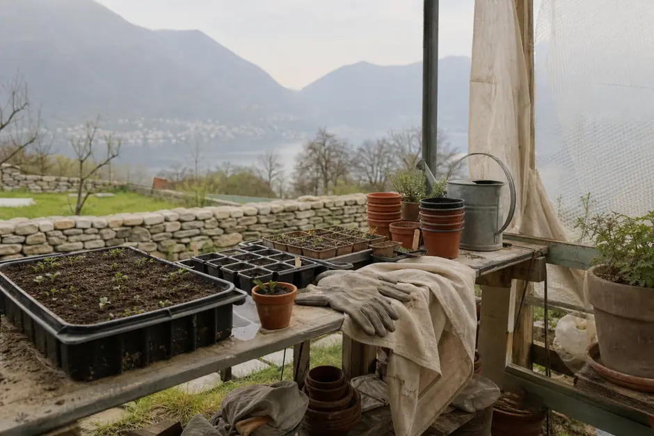 Banco da lavoro in una serra con vassoi di semina, vasetti di terracotta e guanti da giardinaggio (immagine generata con AI)