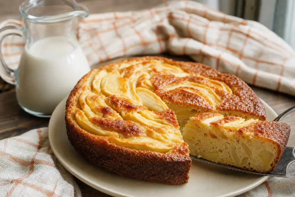 Torta di mele soffice tagliata a fette su un piatto di ceramica, con mele fresche e una moka accanto (immagine generata con AI)