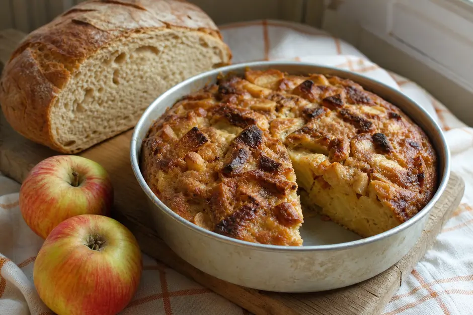 Torta rustica di pane e mele in una teglia rotonda, tagliata a spicchi, con mele accanto (immagine generata con AI)
