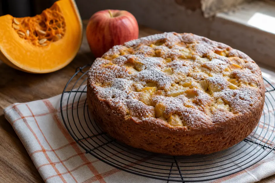 Torta rustica di zucca e mele su una griglia, spolverata di zucchero, con una fetta di zucca accanto (immagine generata con AI)